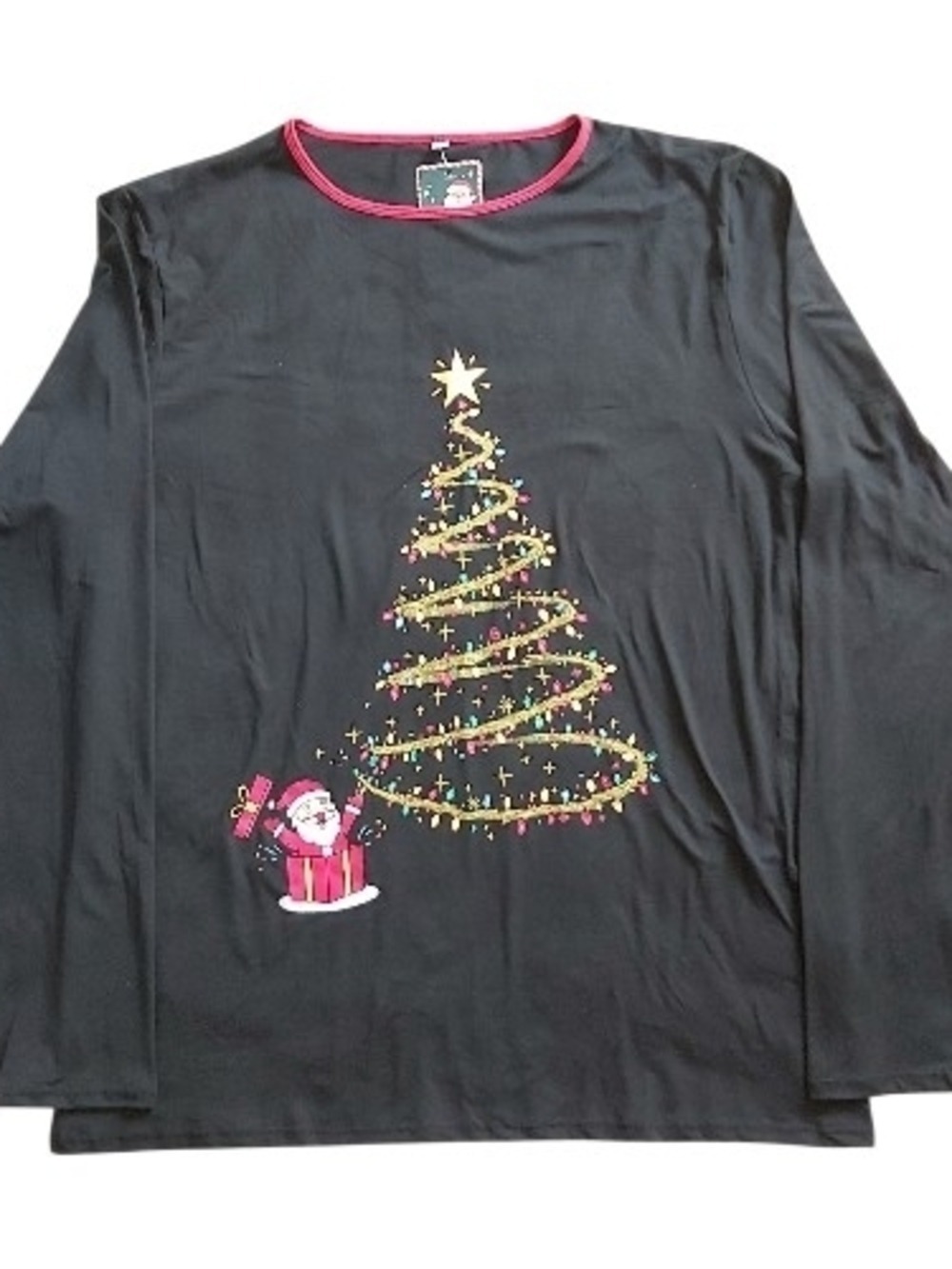 NWT Qunisy XL Black Christmas Tree Shirt Gold Glitter Lights Long Sleeve